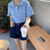Camisa retro de manga corta con cuello bonito